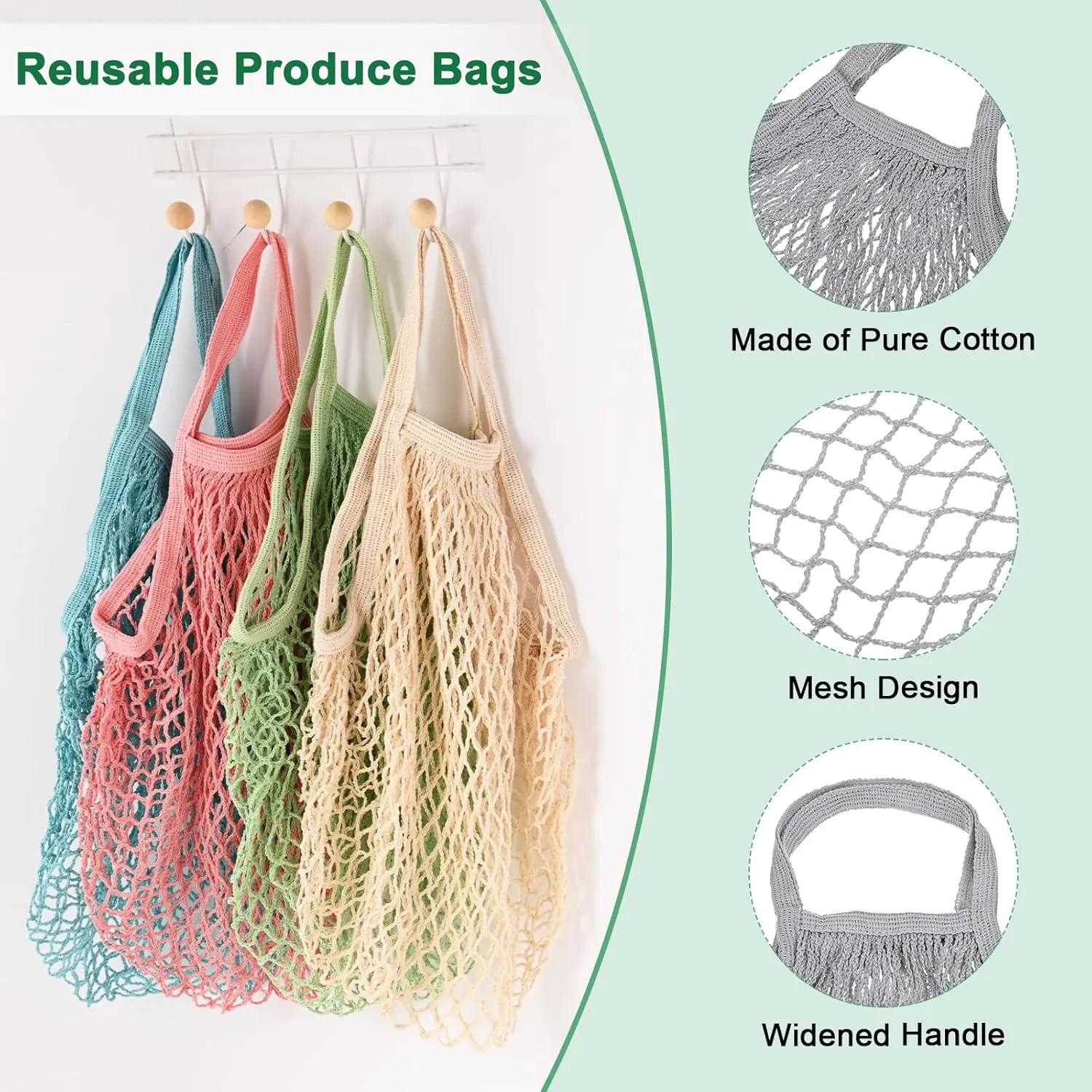 1-Pack Cotton Mesh Bag, Reusable Washable Mesh Net String Grocery Bags, Reusable Produce Bags with Handle, Net Tote Bag for Fruits/Vegetables Shopping [Gray, Short Handle]