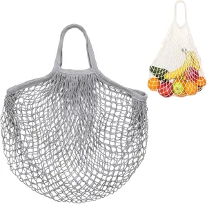 1-Pack Cotton Mesh Bag, Reusable Washable Mesh Net String Grocery Bags, Reusable Produce Bags with Handle, Net Tote Bag for Fruits/Vegetables Shopping [Gray, Short Handle]