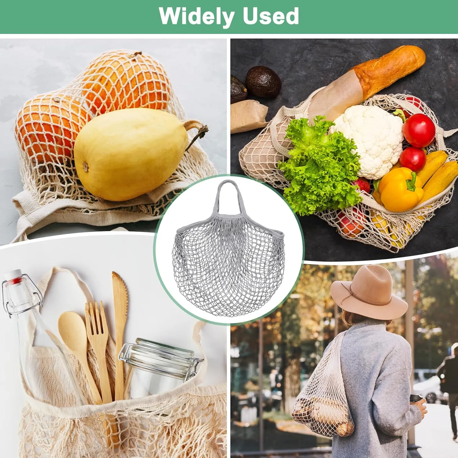 1-Pack Cotton Mesh Bag, Reusable Washable Mesh Net String Grocery Bags, Reusable Produce Bags with Handle, Net Tote Bag for Fruits/Vegetables Shopping [Gray, Short Handle]