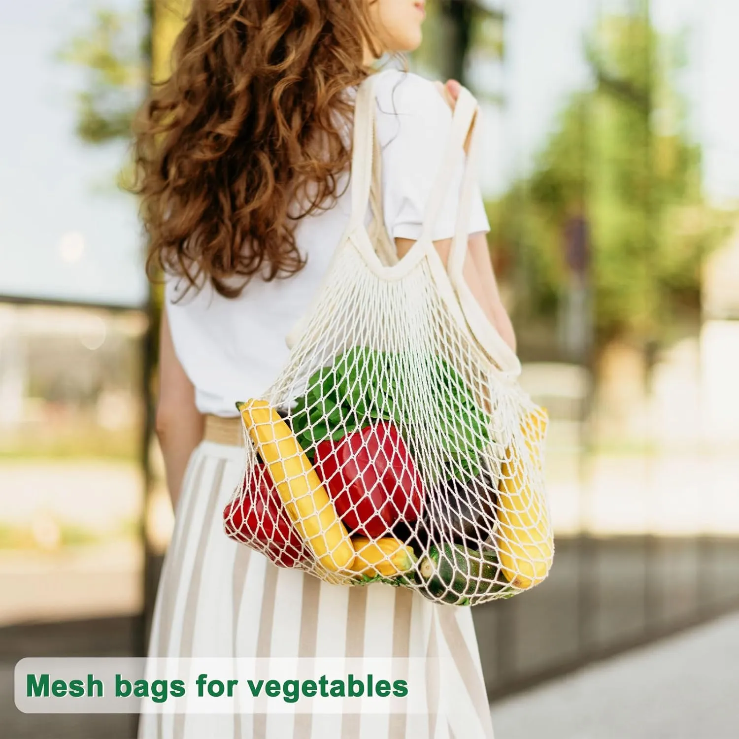 1-Pack Cotton Mesh Bag, Reusable Washable Mesh Net String Grocery Bags, Reusable Produce Bags with Handle, Net Tote Bag for Fruits/Vegetables Shopping [Orange, Short Handle]