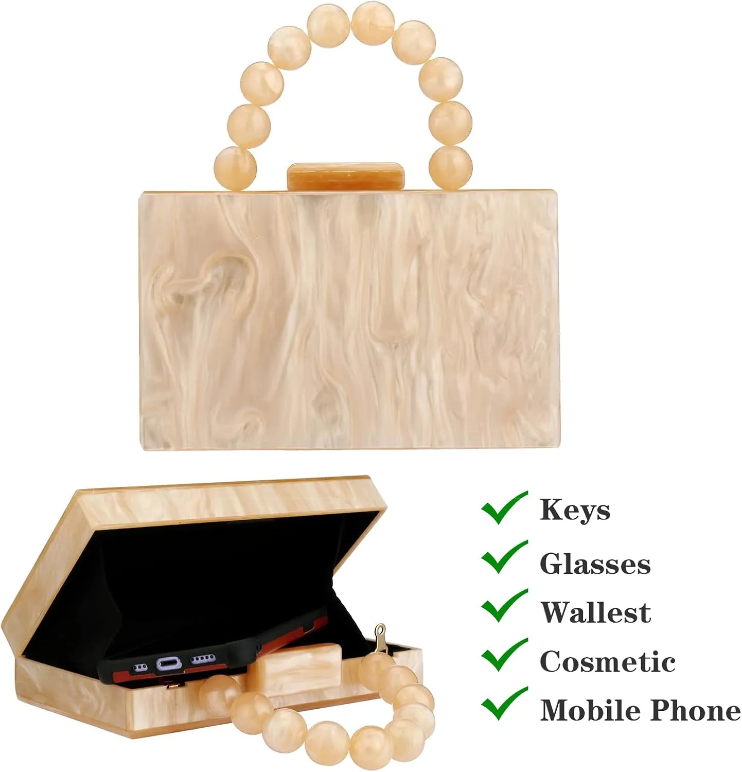 Acrylic Purses Evening Clutch Bag Marbling Handbags for Women Cross Body Bag with Pearl Chain Formal Wedding Prom Party