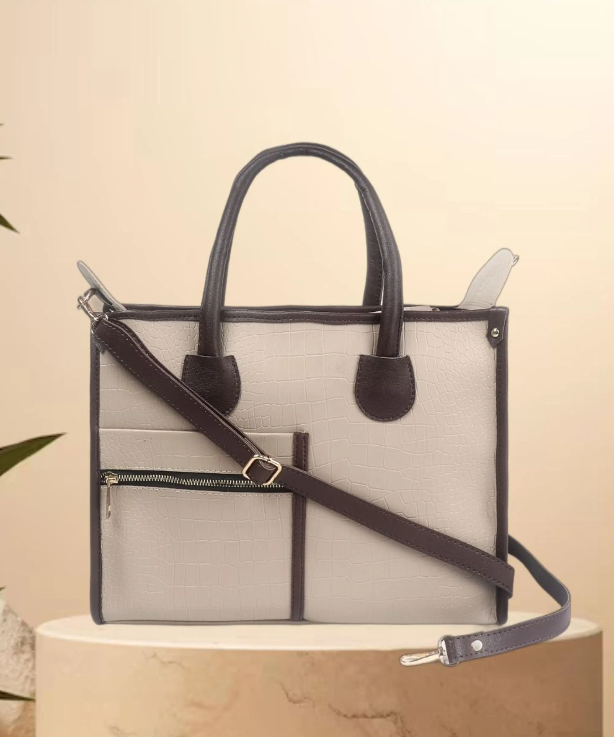 Beige Brown Crocodile Synthetic Leather Handbag For Women