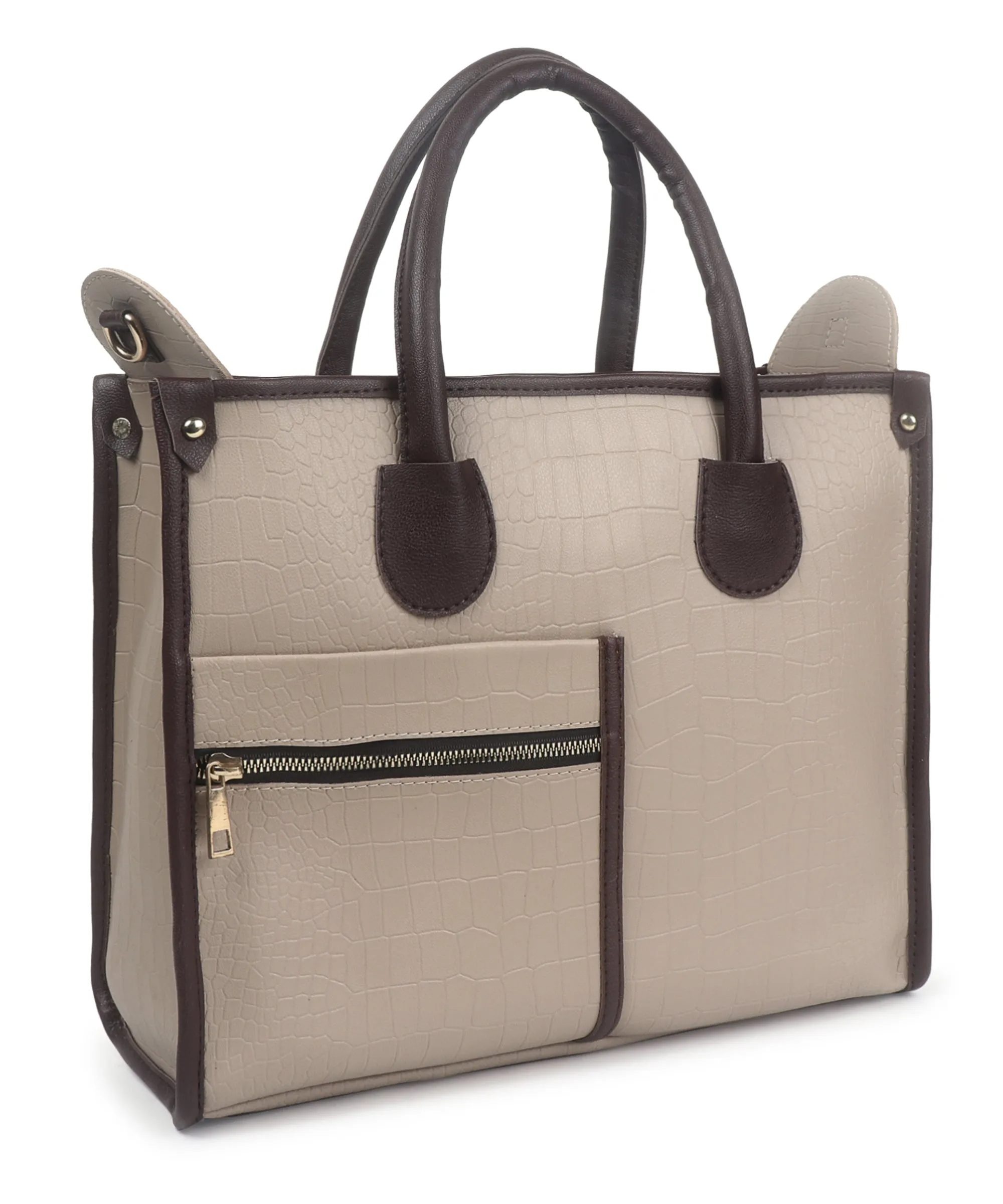 Beige Brown Crocodile Synthetic Leather Handbag For Women