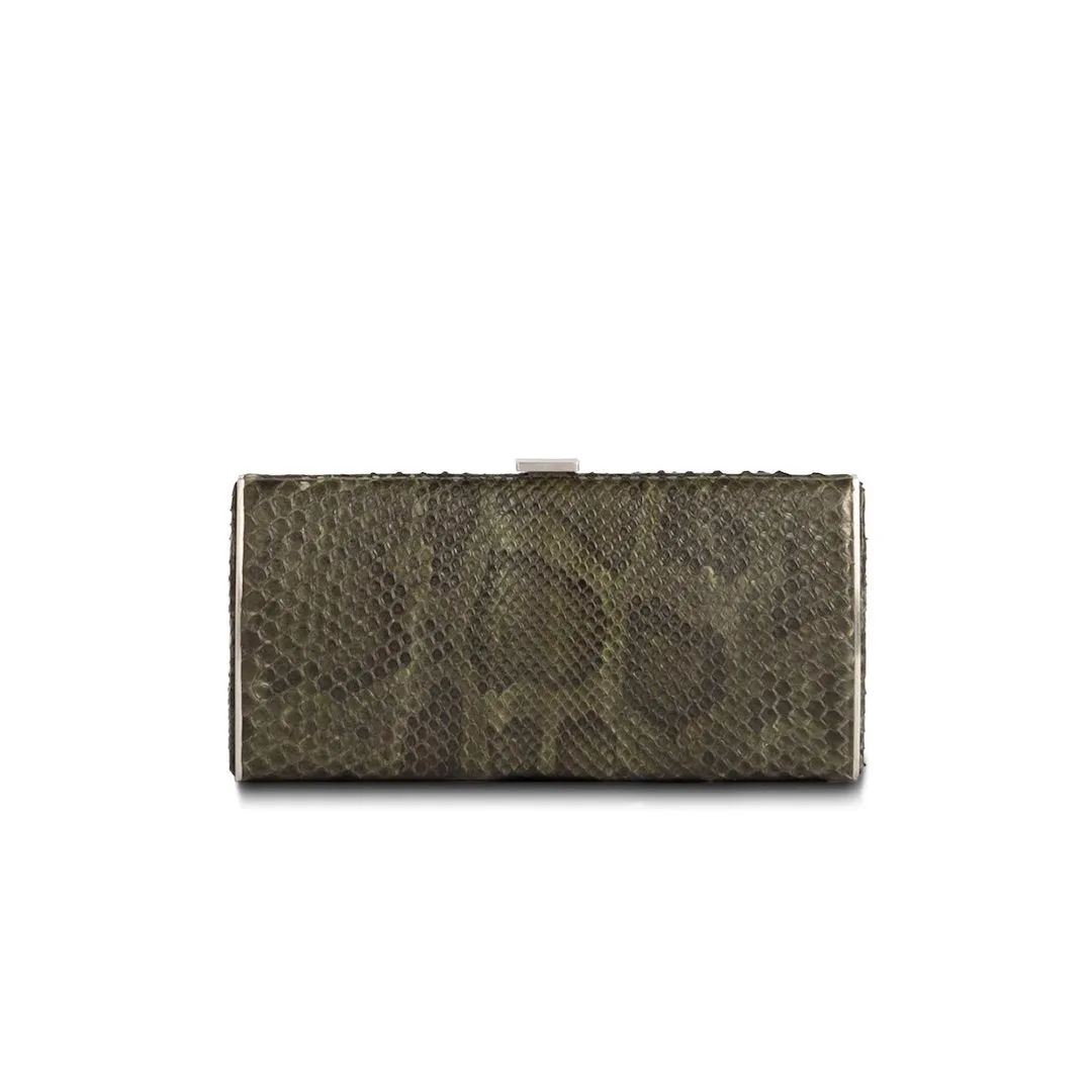 Box Wallet, Olive Green Ostrich Sh., Silver-Tone