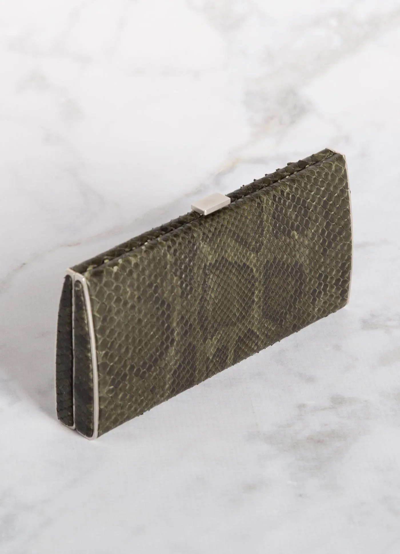 Box Wallet, Olive Green Ostrich Sh., Silver-Tone