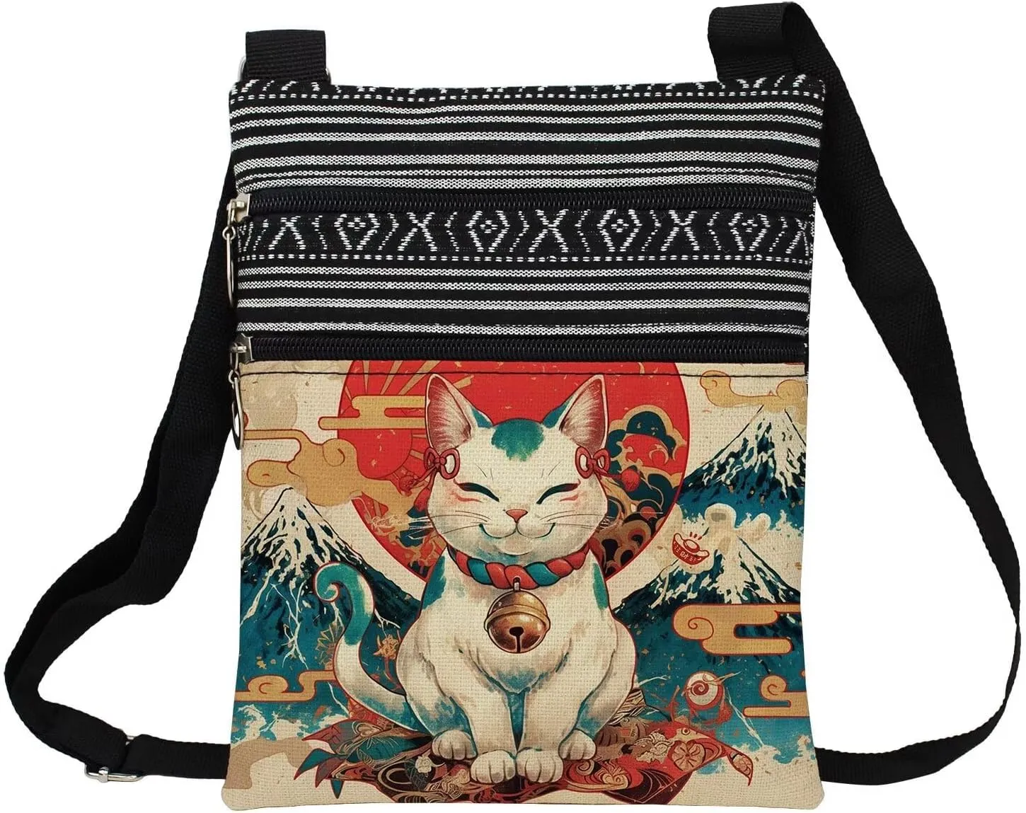 Fortune Cat Messenger Bag Small Ethnic Pattern Printed Adjustable Strap Crossbody Zipper Bag Fortune Cat Phone Bag Wallet Cute Shoulder Handbag for Women -2