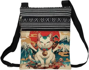 Fortune Cat Messenger Bag Small Ethnic Pattern Printed Adjustable Strap Crossbody Zipper Bag Fortune Cat Phone Bag Wallet Cute Shoulder Handbag for Women -2