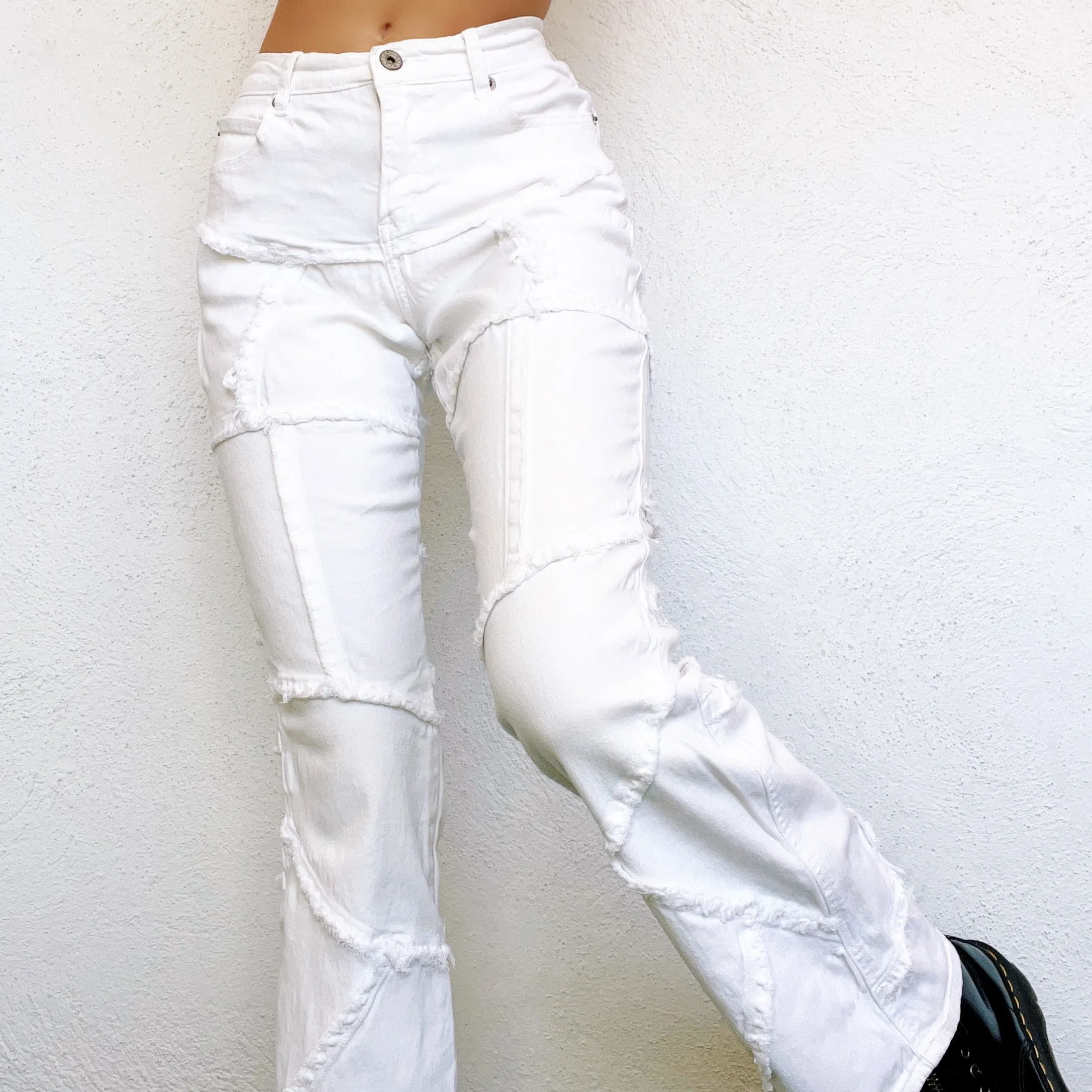 Funky White Frayed Patchwork Jeans