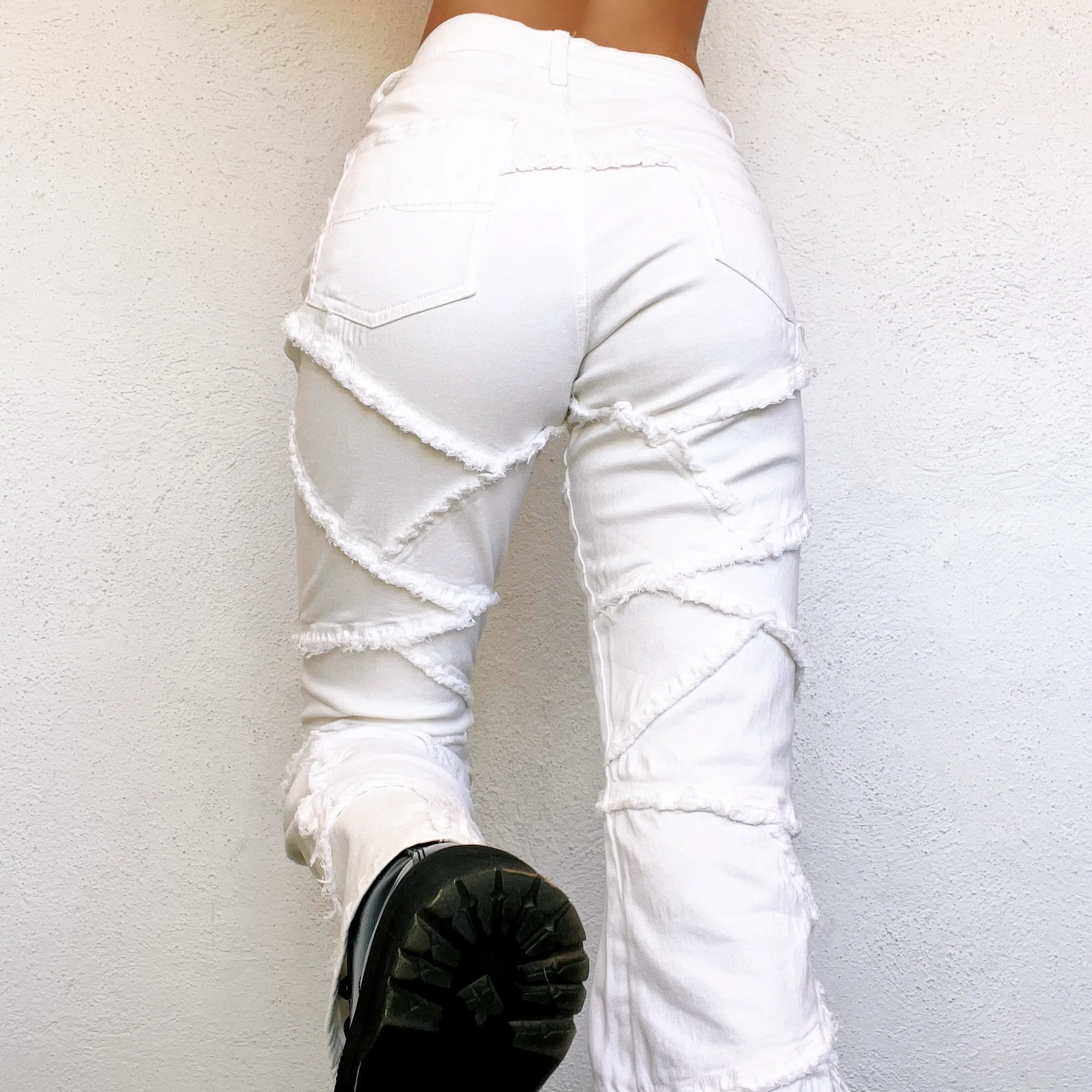 Funky White Frayed Patchwork Jeans