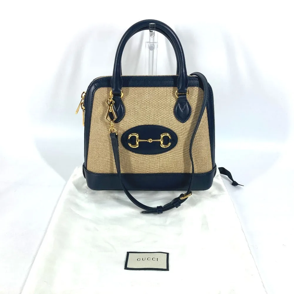GUCCI Handbag 621220 Canvas leather beige x dark navy Horsebit 1955 Small top handle Women Used