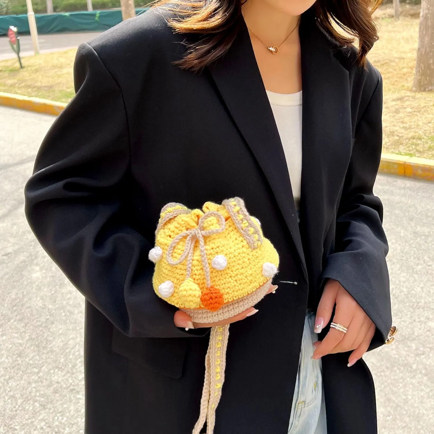 Handmade Knitted Purse Wool Knitted Mushroom Shoulder Bag for Women Crossbody Bucket Bag with Drawstring