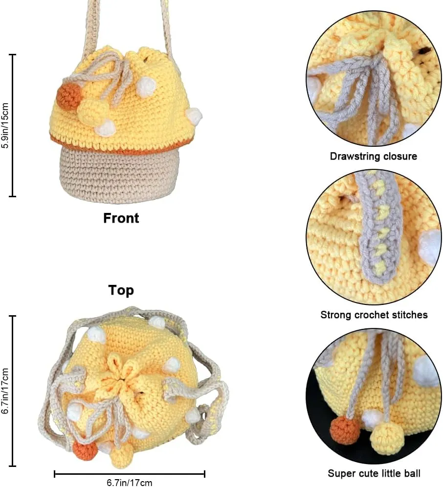 Handmade Knitted Purse Wool Knitted Mushroom Shoulder Bag for Women Crossbody Bucket Bag with Drawstring