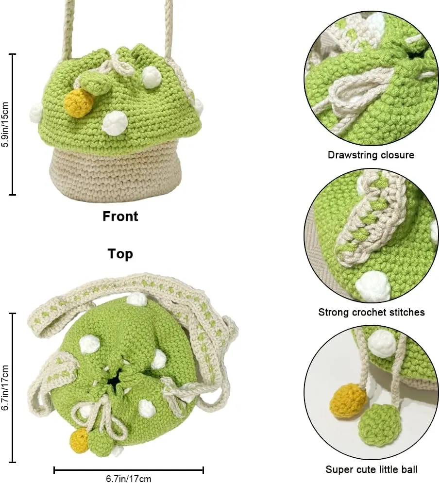 Handmade Knitted Purse Wool Knitted Mushroom Shoulder Bag for Women Crossbody Bucket Bag with Drawstring