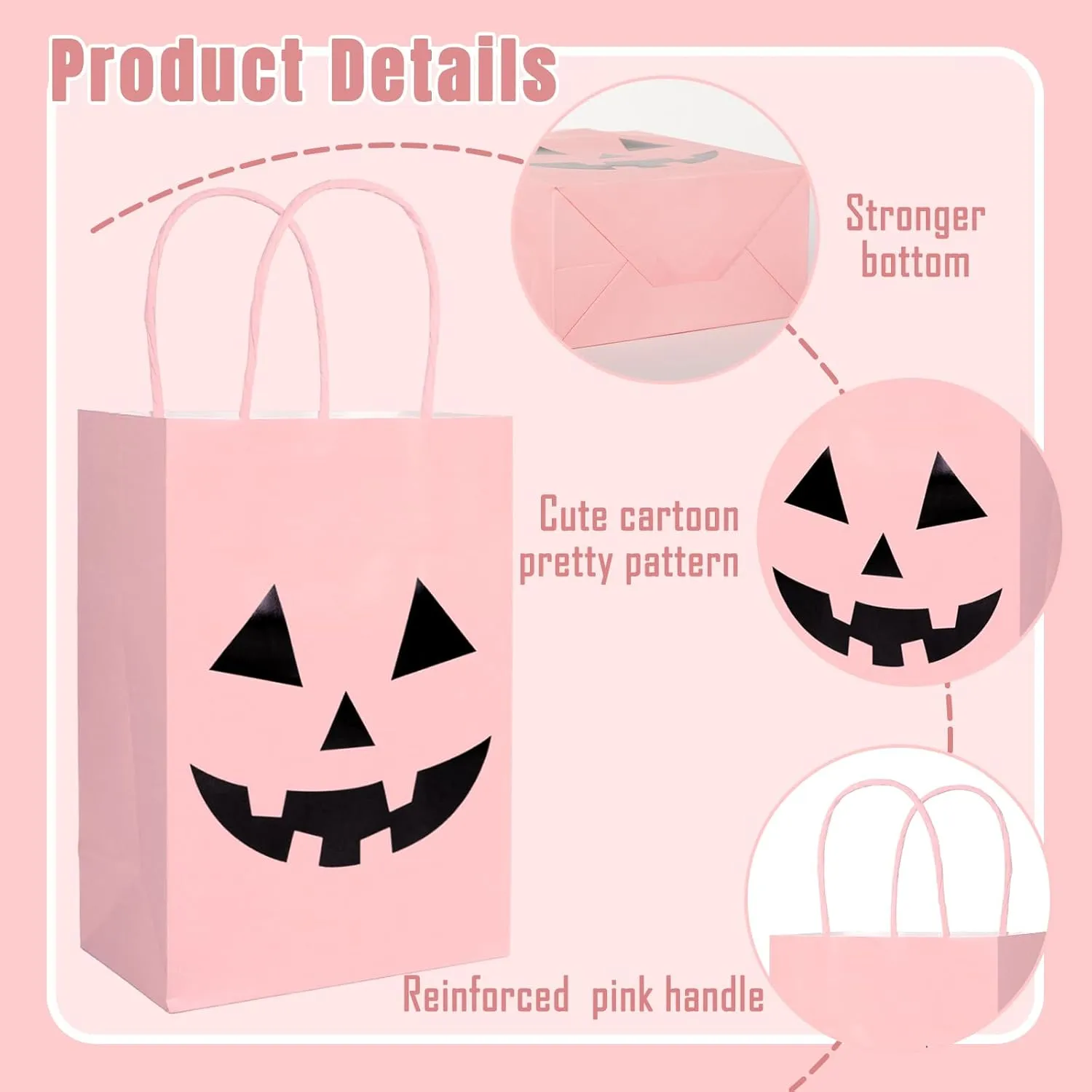 JarThenaAMCS 24Pcs Halloween Kraft Paper Bags with Handles Jack O' Lantern Gift Bags Pink Black Pumpkin Candy Goodie Bags for Birthday Trick or Treat Party Supplies