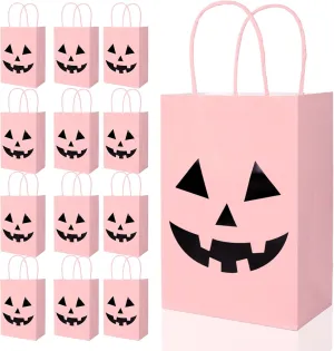 JarThenaAMCS 24Pcs Halloween Kraft Paper Bags with Handles Jack O' Lantern Gift Bags Pink Black Pumpkin Candy Goodie Bags for Birthday Trick or Treat Party Supplies