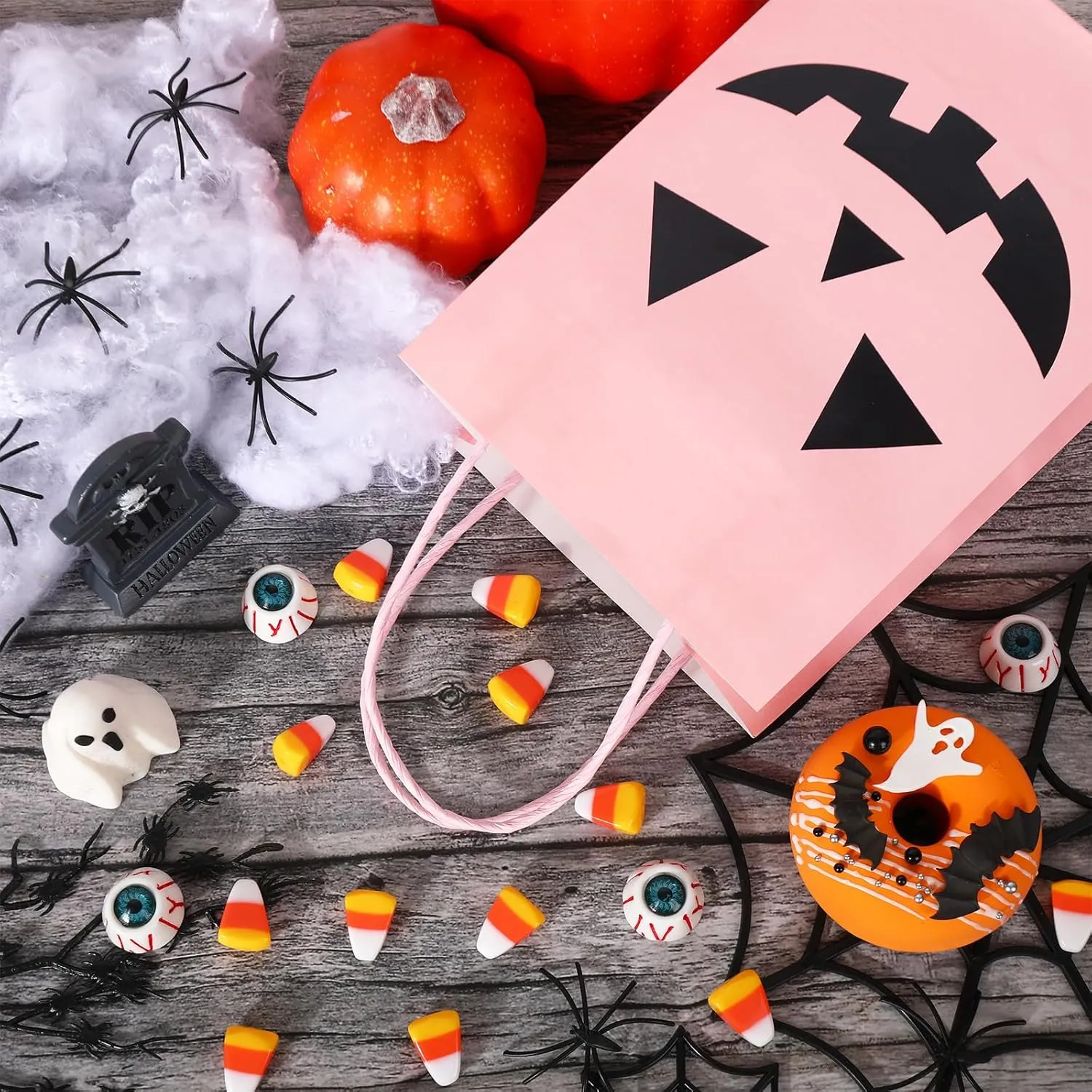 JarThenaAMCS 24Pcs Halloween Kraft Paper Bags with Handles Jack O' Lantern Gift Bags Pink Black Pumpkin Candy Goodie Bags for Birthday Trick or Treat Party Supplies