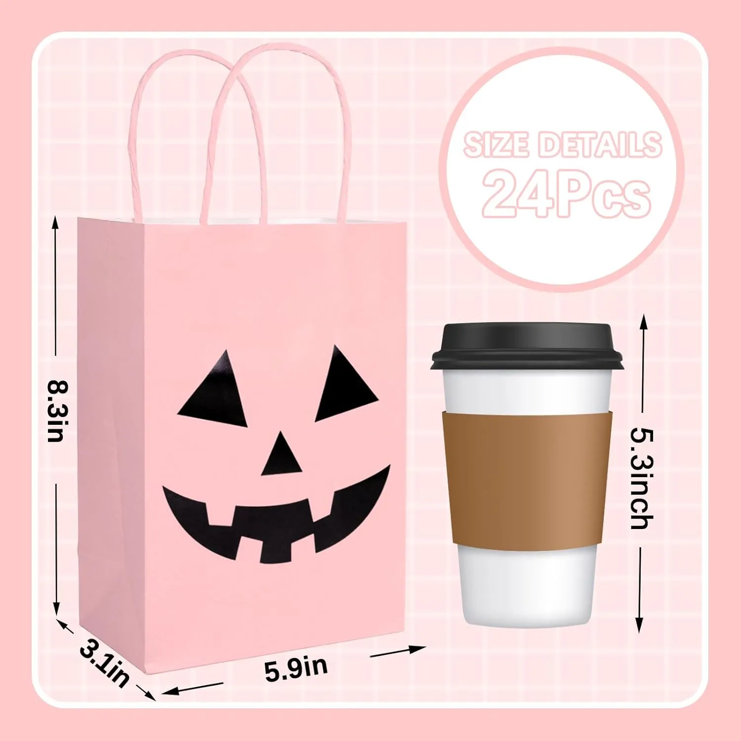 JarThenaAMCS 24Pcs Halloween Kraft Paper Bags with Handles Jack O' Lantern Gift Bags Pink Black Pumpkin Candy Goodie Bags for Birthday Trick or Treat Party Supplies
