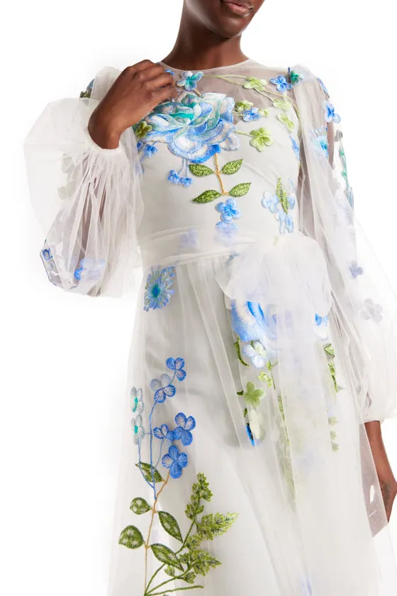 Jewel Neck Puff Sleeve Embroidered Tulle Gown