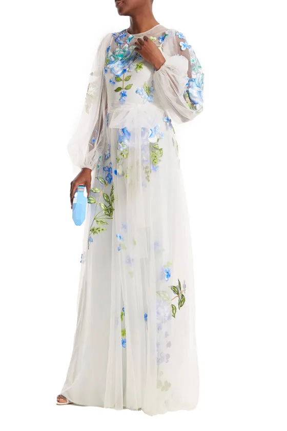 Jewel Neck Puff Sleeve Embroidered Tulle Gown