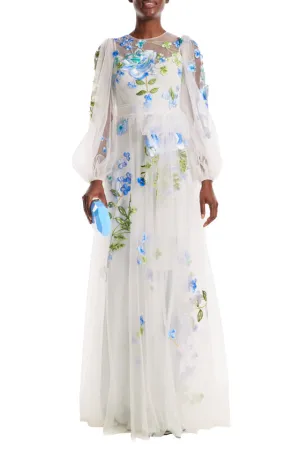 Jewel Neck Puff Sleeve Embroidered Tulle Gown