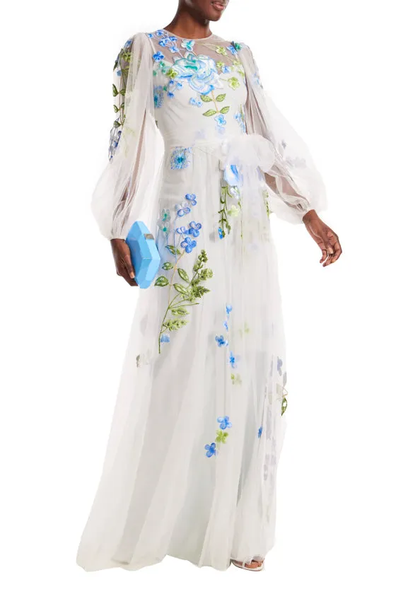 Jewel Neck Puff Sleeve Embroidered Tulle Gown