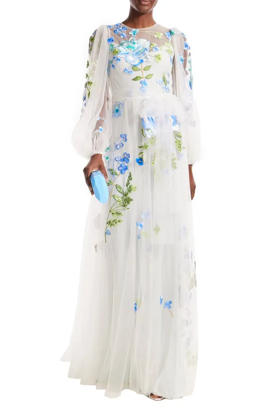 Jewel Neck Puff Sleeve Embroidered Tulle Gown
