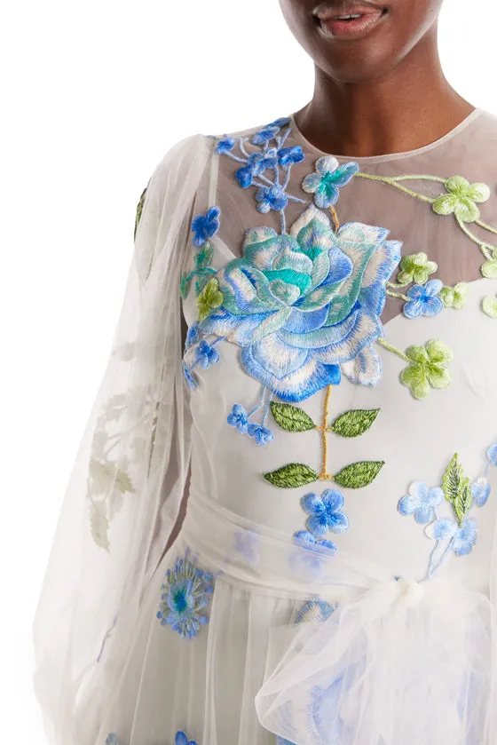 Jewel Neck Puff Sleeve Embroidered Tulle Gown