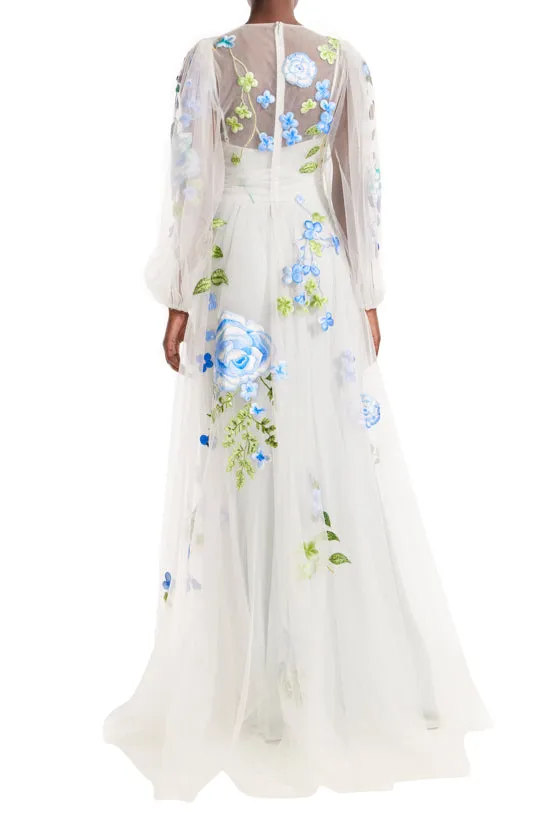 Jewel Neck Puff Sleeve Embroidered Tulle Gown