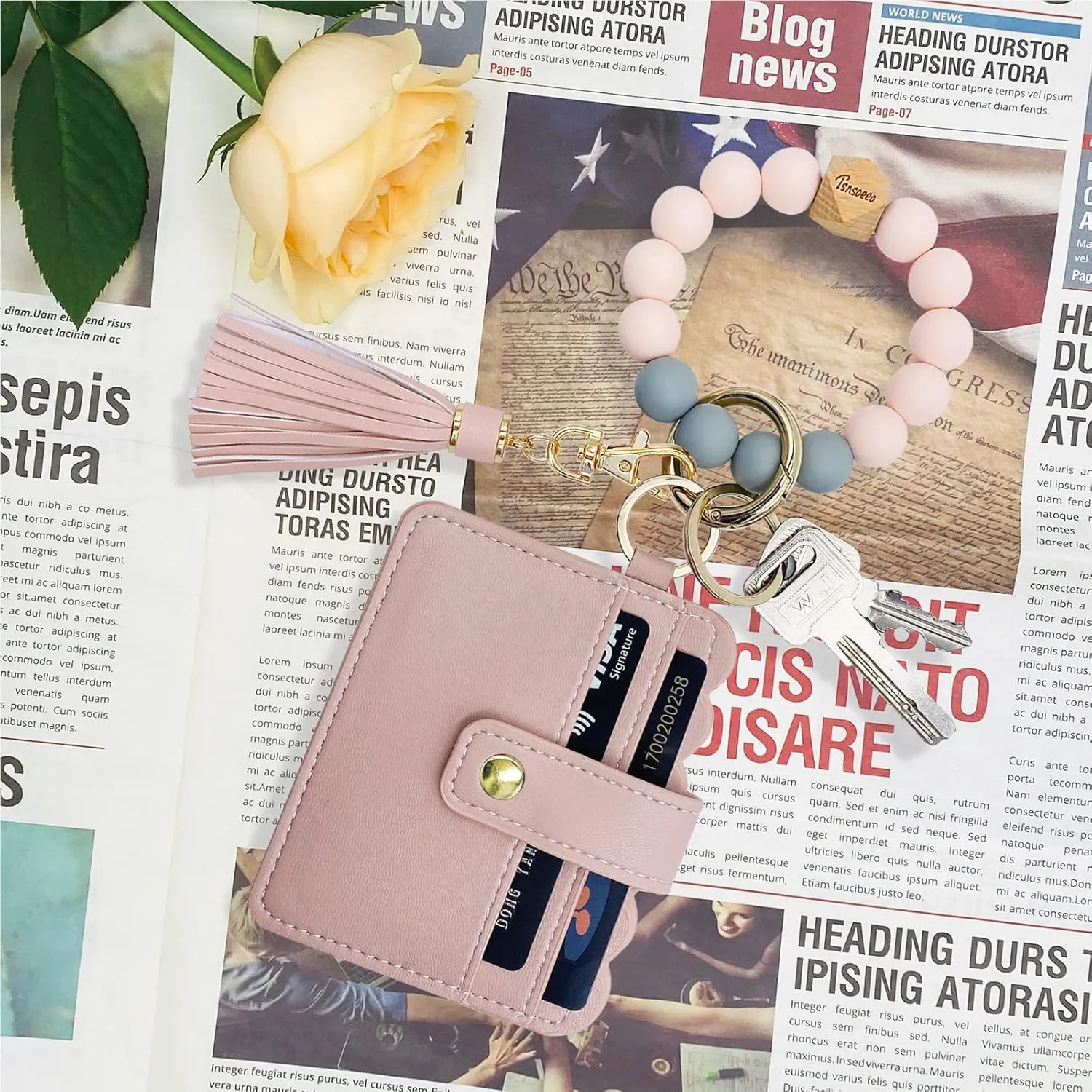 Keychain Wallet Wristlet Small Credit Card Holder Bracelet Key Chain Purse Bangle Tassel Beads Key Rings for Women