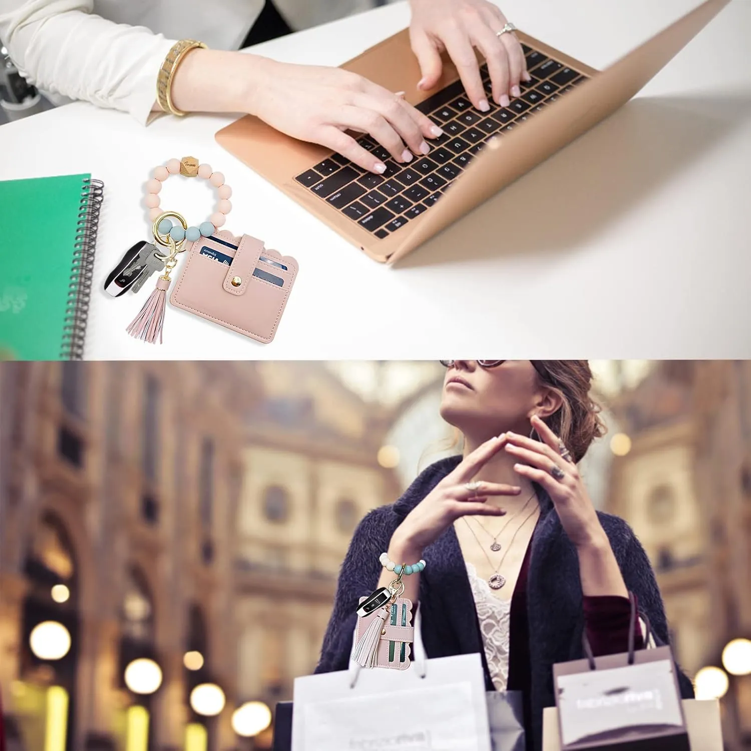 Keychain Wallet Wristlet Small Credit Card Holder Bracelet Key Chain Purse Bangle Tassel Beads Key Rings for Women