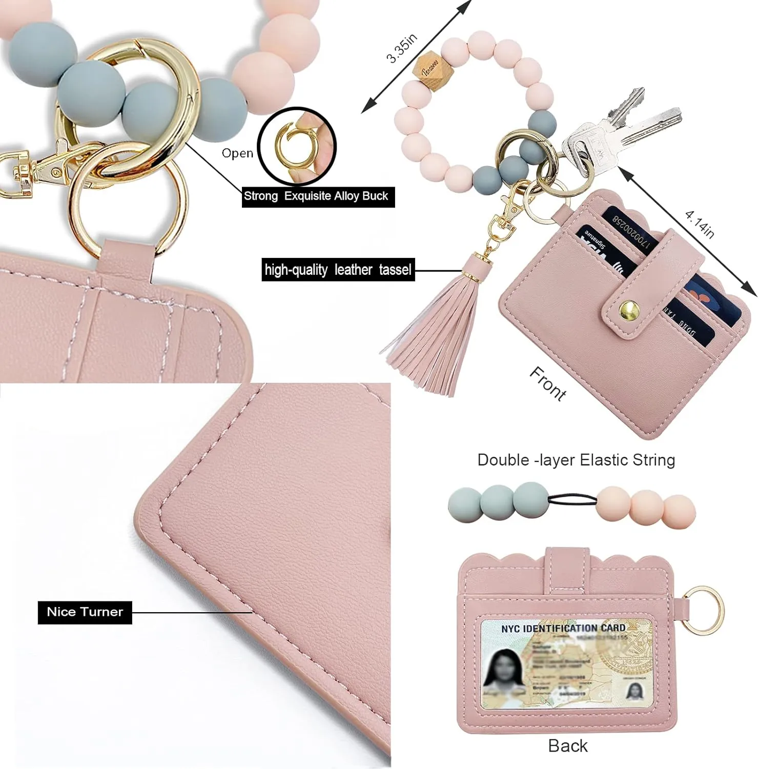 Keychain Wallet Wristlet Small Credit Card Holder Bracelet Key Chain Purse Bangle Tassel Beads Key Rings for Women