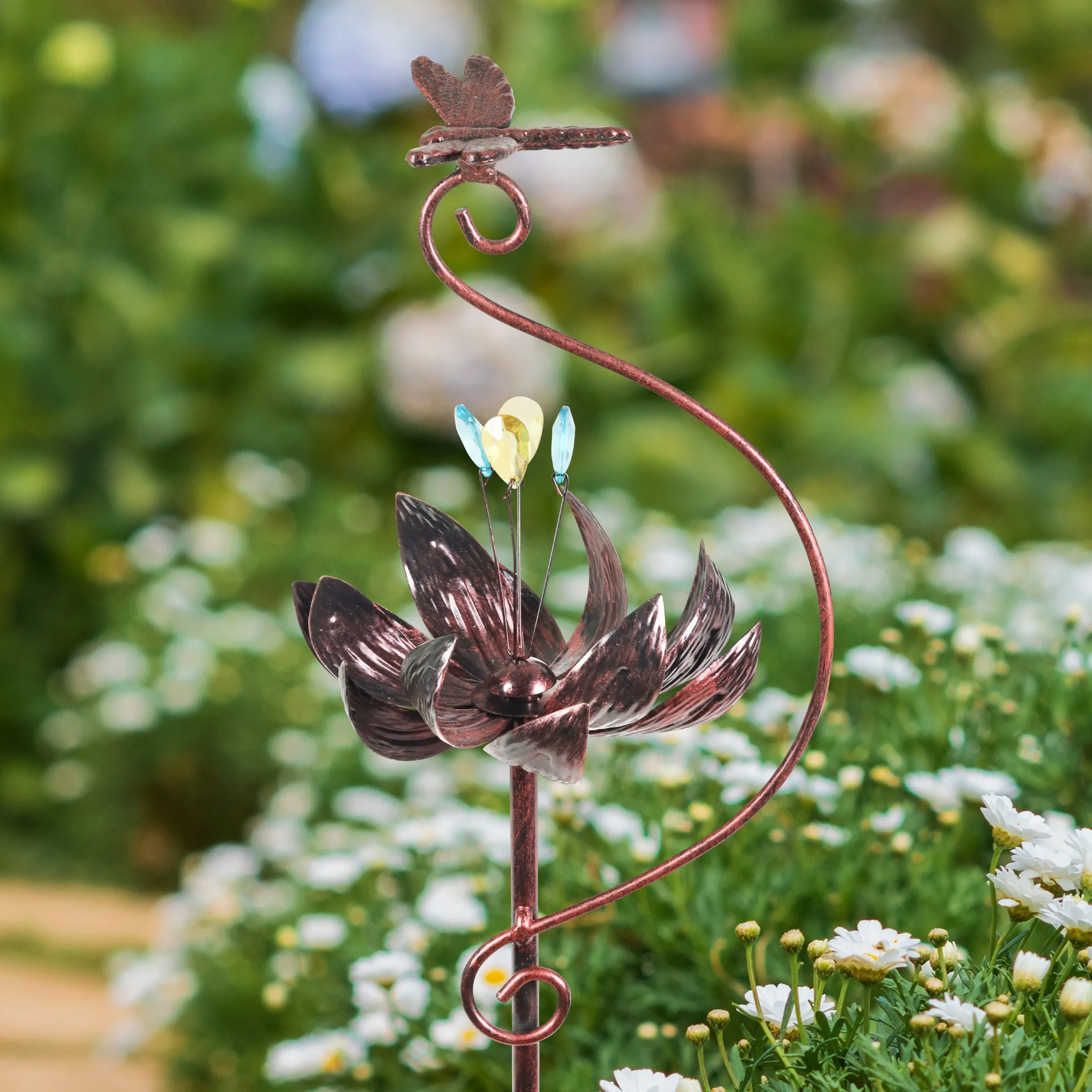 Kinetic Lotus with Dragonfly Bronze Spinner Garden Stake, 8 by 42.5 Inches