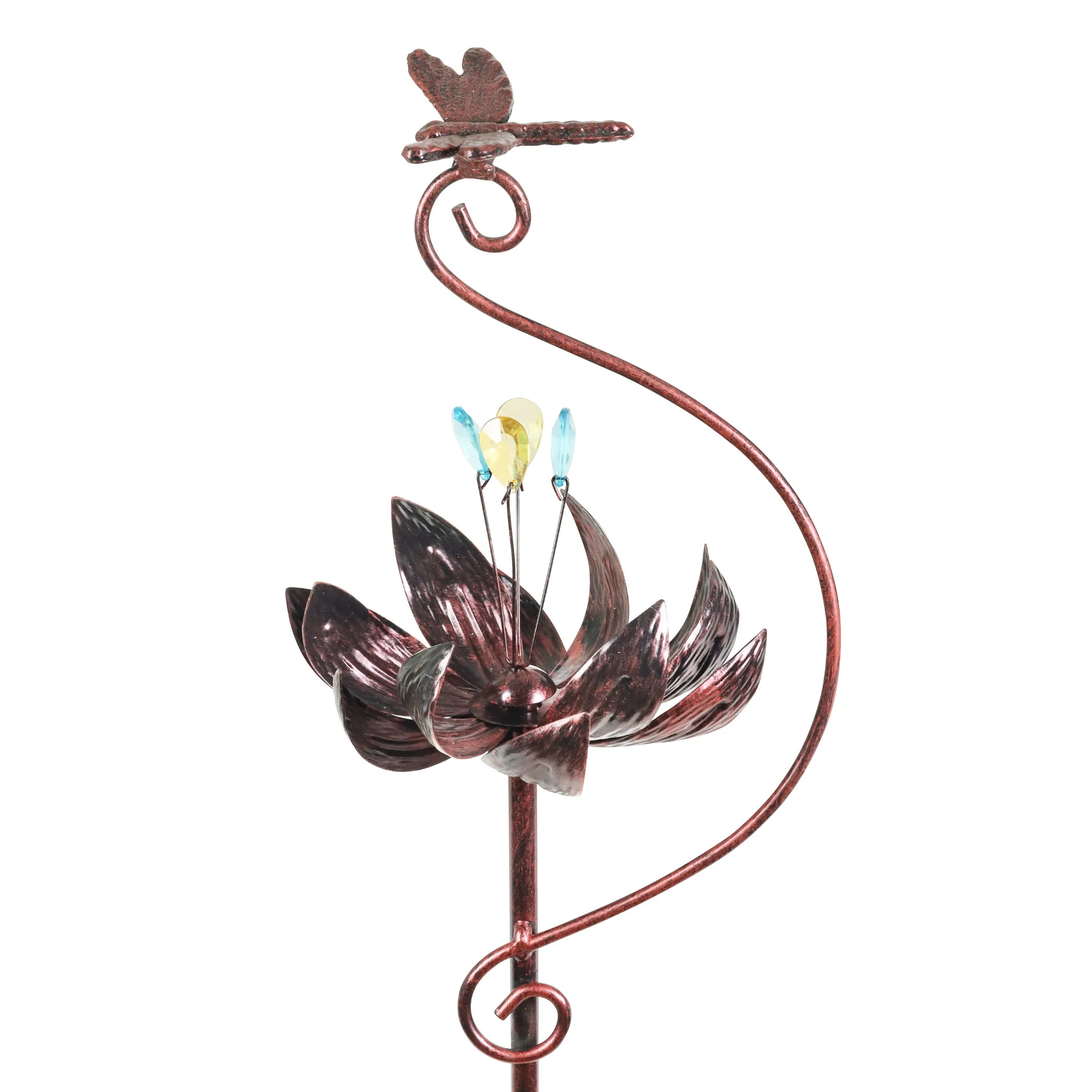 Kinetic Lotus with Dragonfly Bronze Spinner Garden Stake, 8 by 42.5 Inches