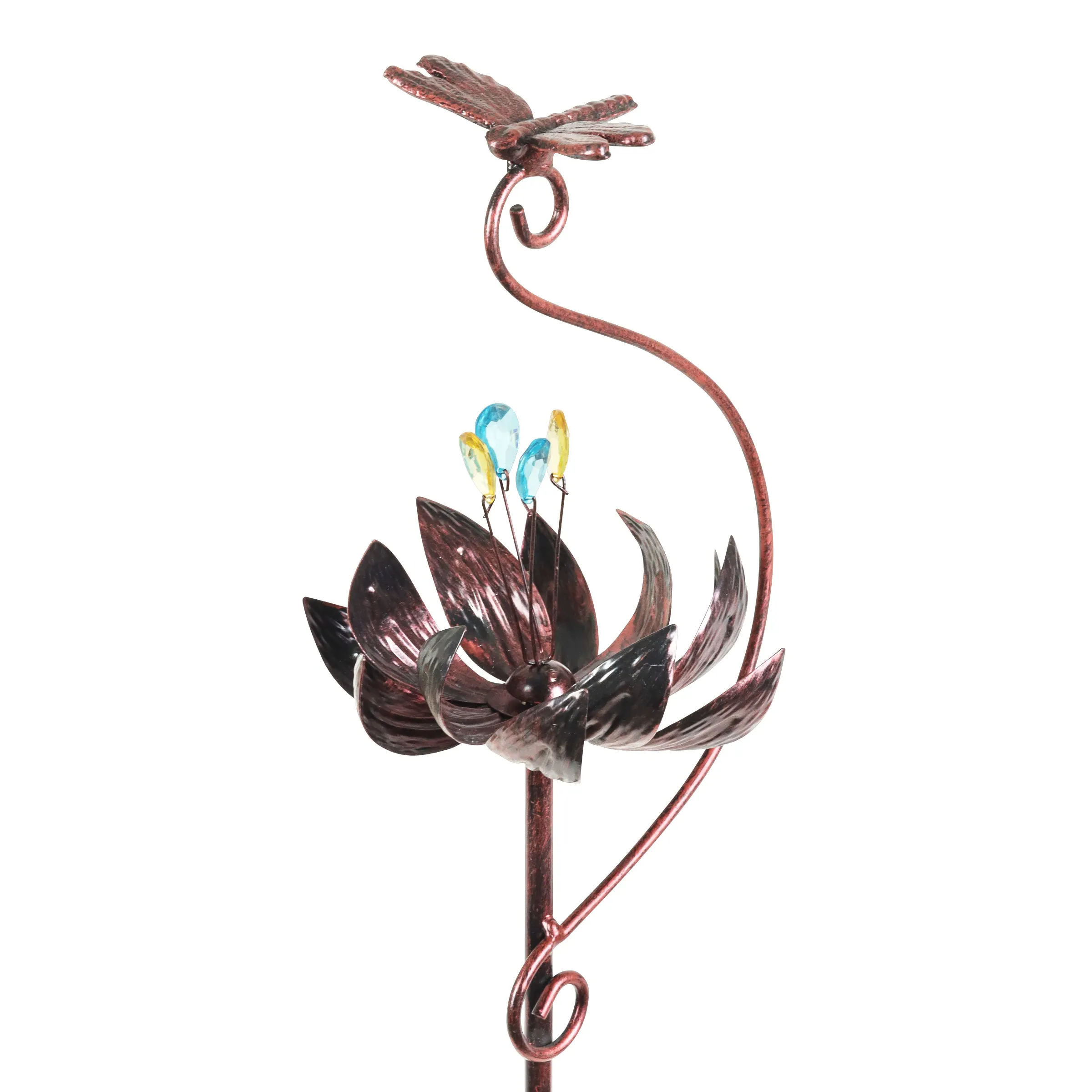 Kinetic Lotus with Dragonfly Bronze Spinner Garden Stake, 8 by 42.5 Inches