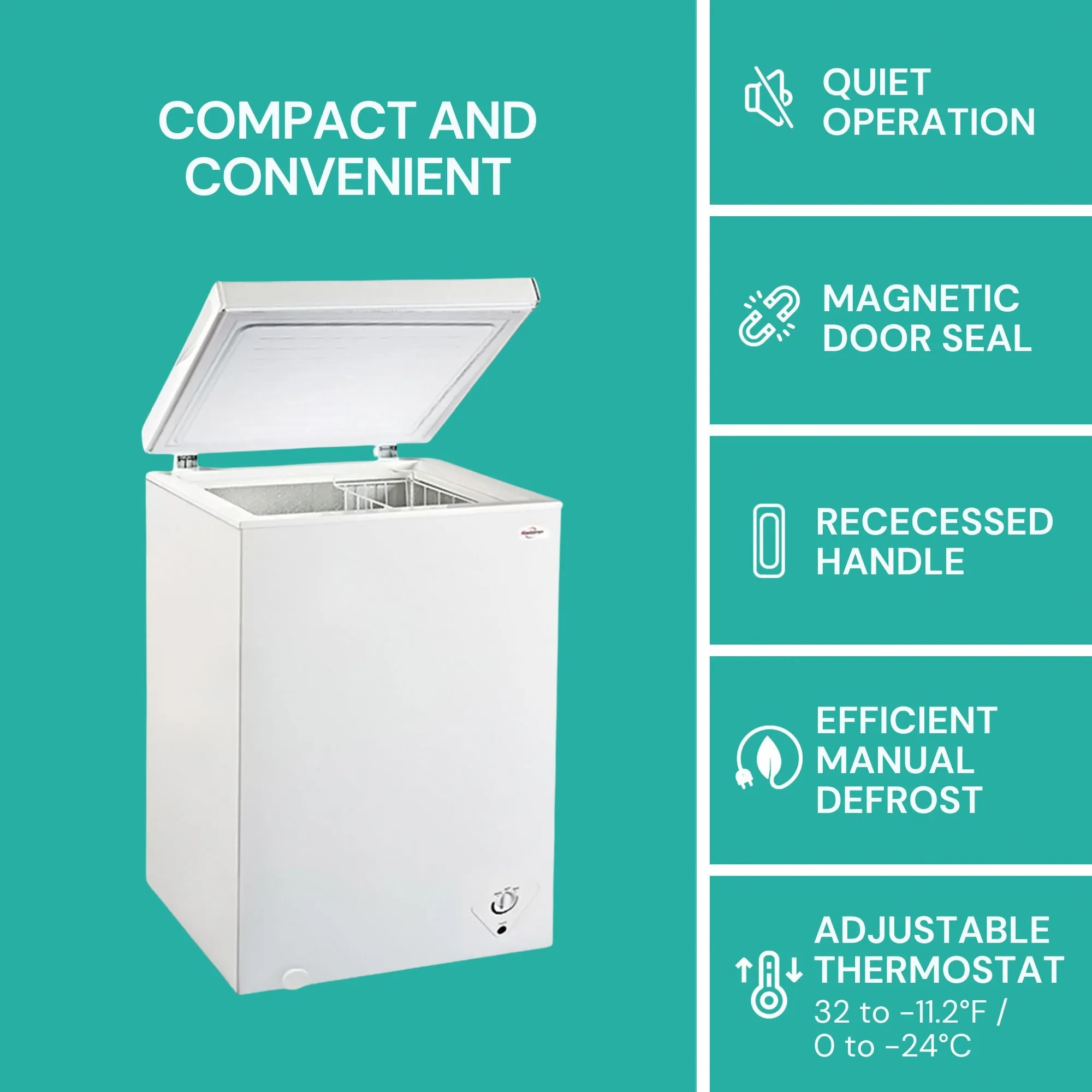 Koolatron Compact Chest Freezer, 3.5 cu ft (99L), White, Manual Defrost Deep Freeze, Storage Basket, Space-Saving Flat Back, Stay-Open Lid, Front-Access Defrost Drain, for Apartment, Condo, Cottage