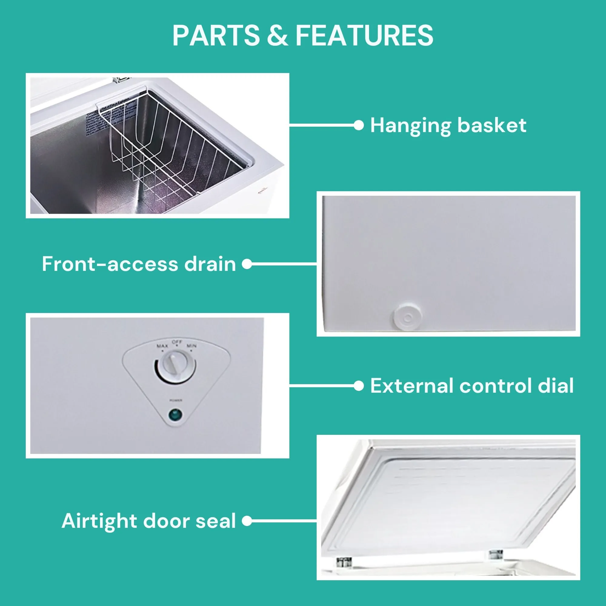 Koolatron Compact Chest Freezer, 3.5 cu ft (99L), White, Manual Defrost Deep Freeze, Storage Basket, Space-Saving Flat Back, Stay-Open Lid, Front-Access Defrost Drain, for Apartment, Condo, Cottage