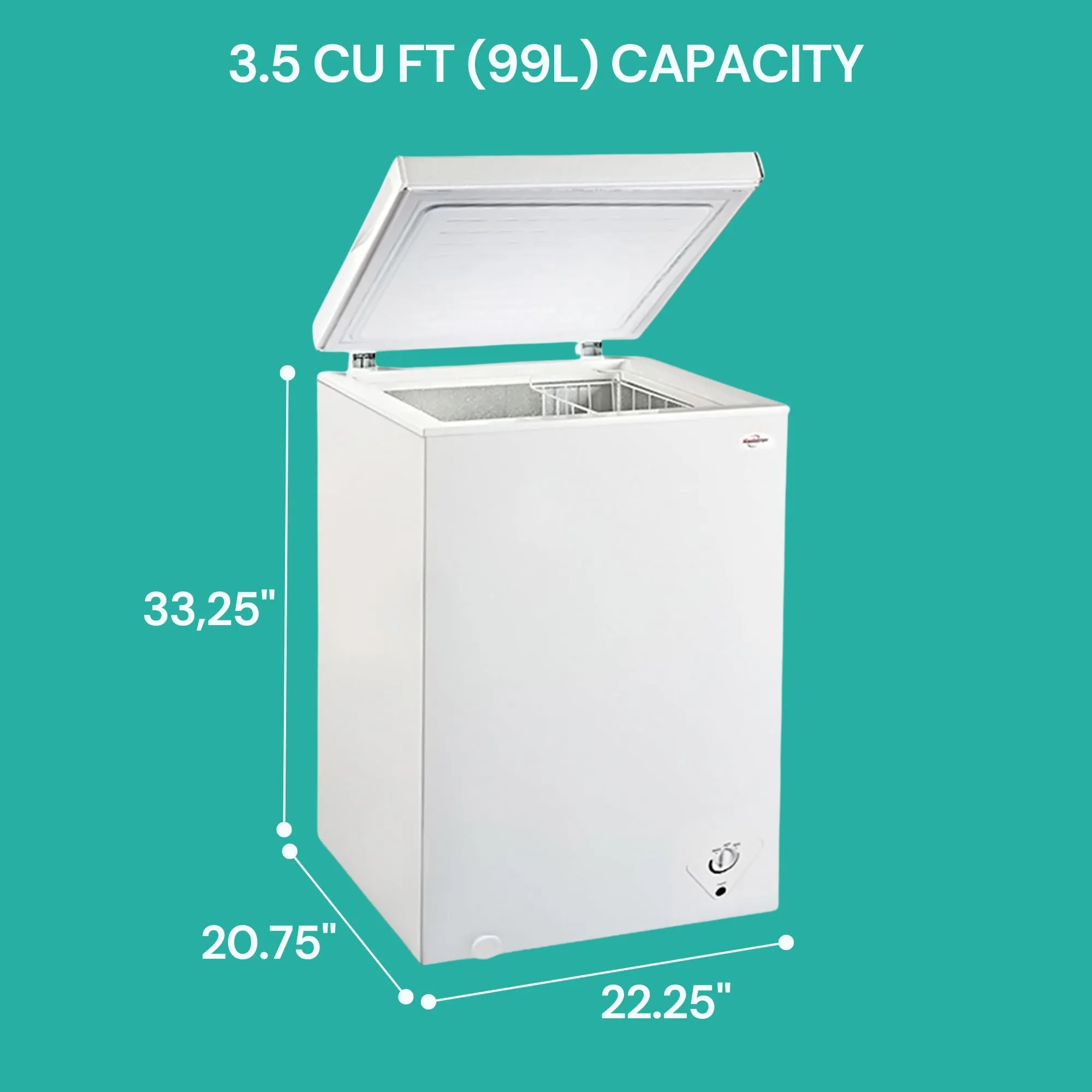Koolatron Compact Chest Freezer, 3.5 cu ft (99L), White, Manual Defrost Deep Freeze, Storage Basket, Space-Saving Flat Back, Stay-Open Lid, Front-Access Defrost Drain, for Apartment, Condo, Cottage