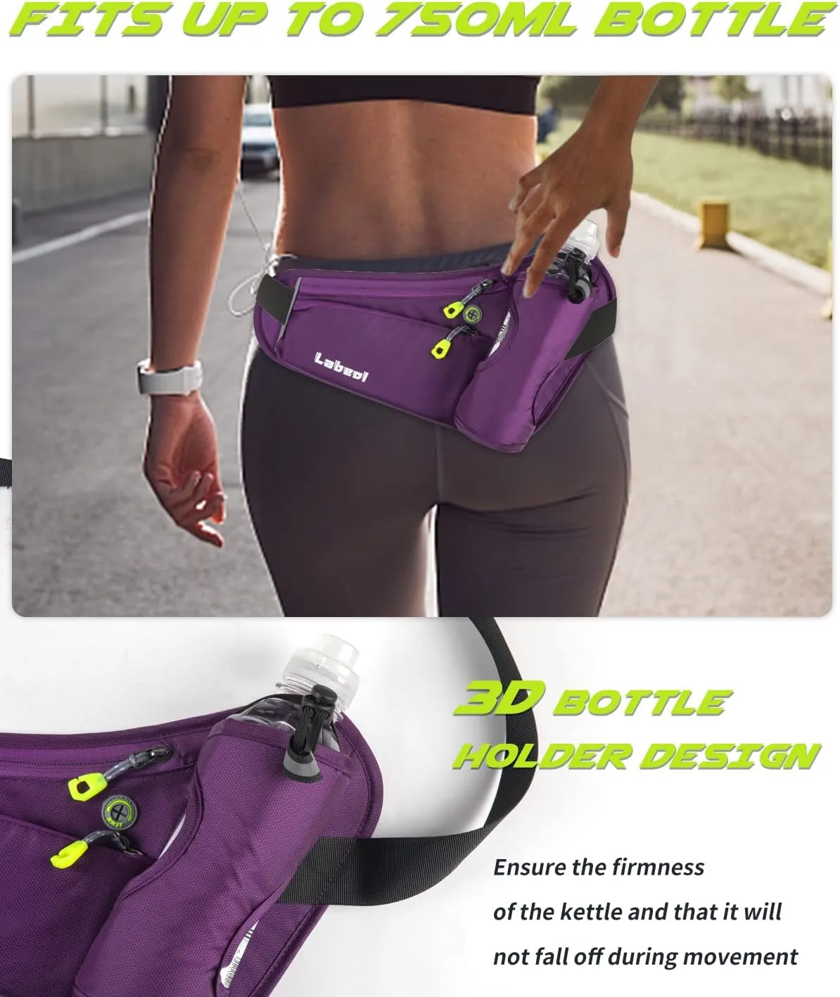 Labeol Running Belt with Water Bottles, Adjustable 2 Zipper Pockets Running Waist Pack Hydration Bag for Men and Women, Fanny Pack with Water Bottles for Hiking Climbing Jogging (Purple)