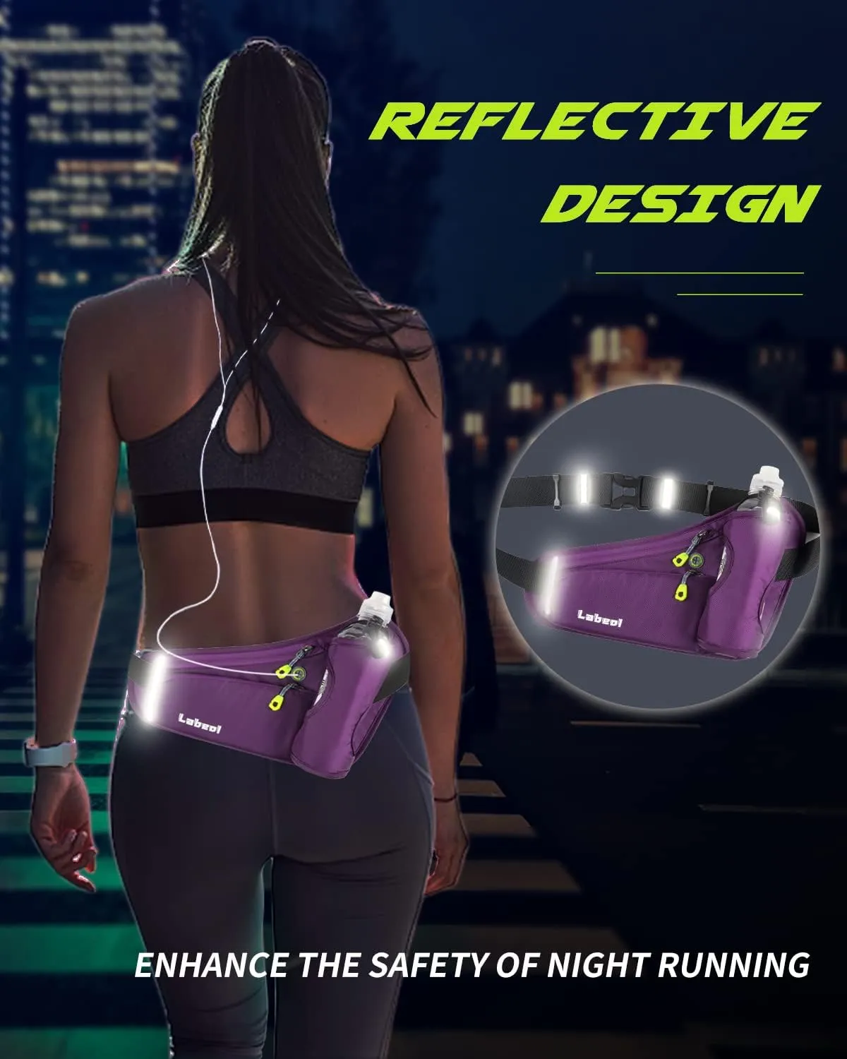 Labeol Running Belt with Water Bottles, Adjustable 2 Zipper Pockets Running Waist Pack Hydration Bag for Men and Women, Fanny Pack with Water Bottles for Hiking Climbing Jogging (Purple)