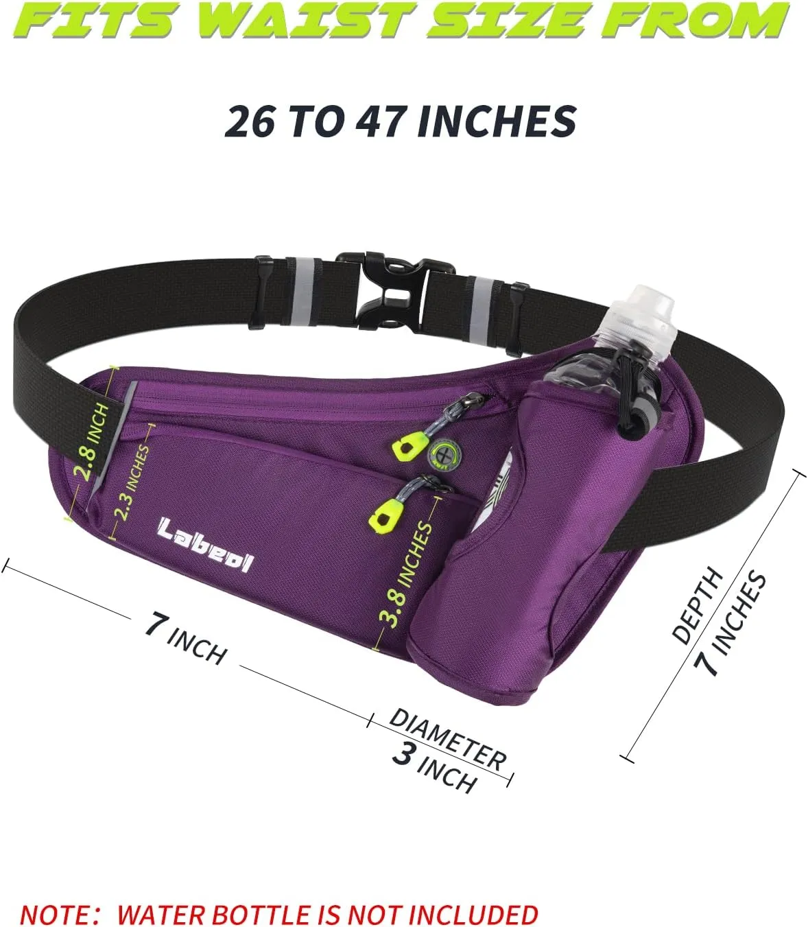 Labeol Running Belt with Water Bottles, Adjustable 2 Zipper Pockets Running Waist Pack Hydration Bag for Men and Women, Fanny Pack with Water Bottles for Hiking Climbing Jogging (Purple)