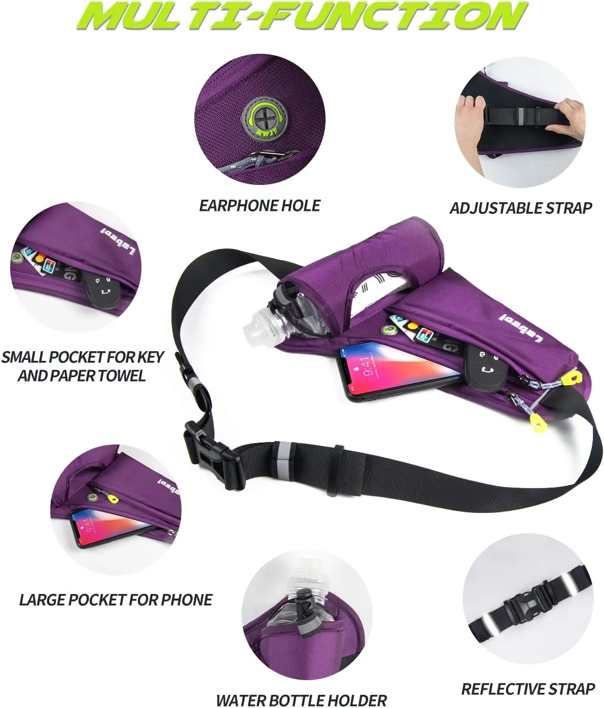 Labeol Running Belt with Water Bottles, Adjustable 2 Zipper Pockets Running Waist Pack Hydration Bag for Men and Women, Fanny Pack with Water Bottles for Hiking Climbing Jogging (Purple)