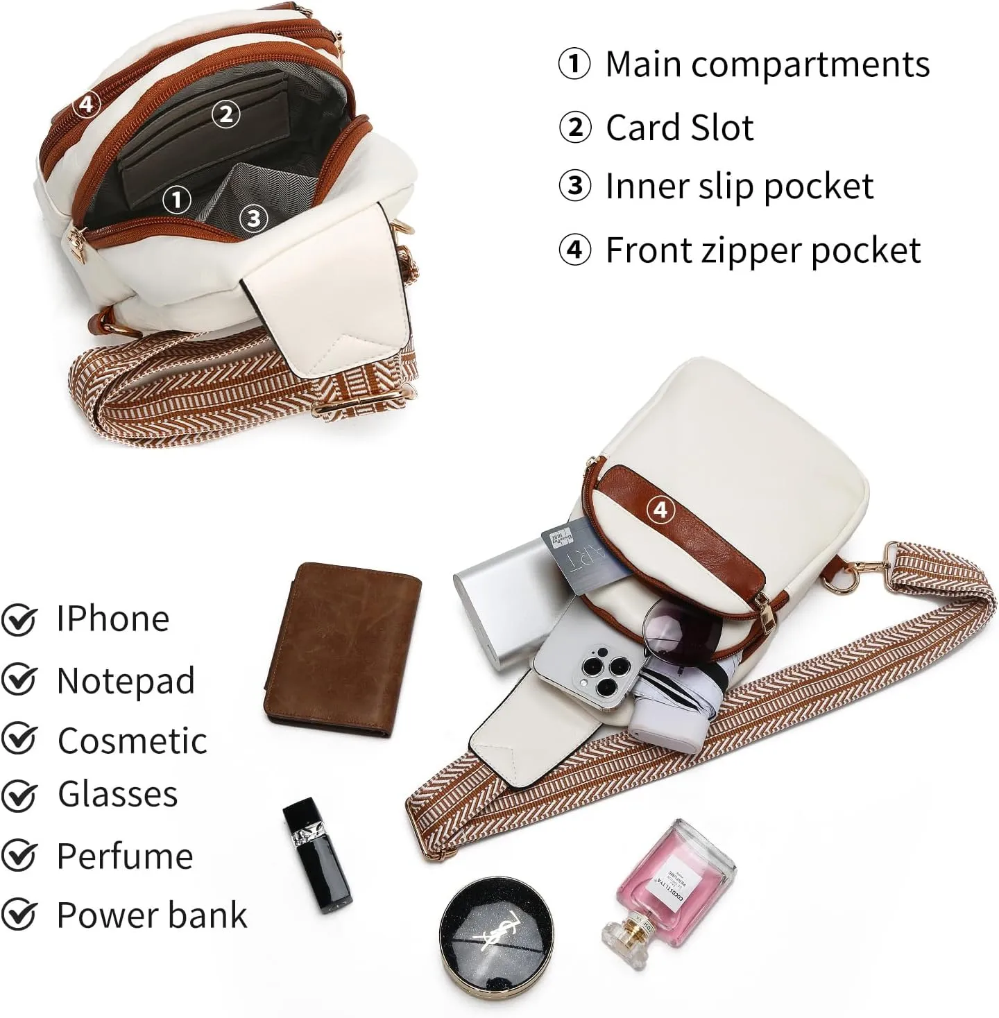 LAORENTOU Designer Crossbody Bag for Women,Medium Sling Bags with Zipper, Chest Bag with Adjustable Shoulder Strap