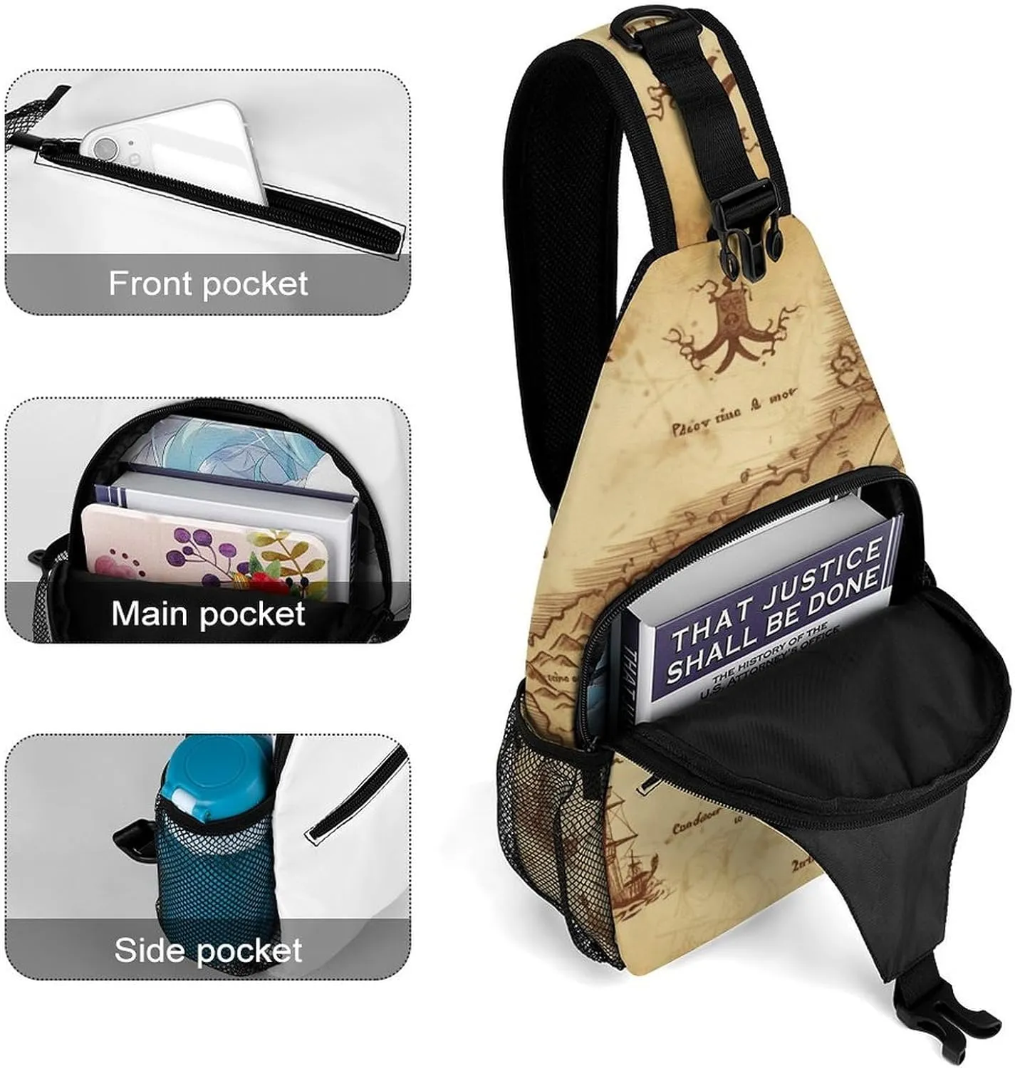 Lightweight Chest Bag Crossbody Bag Treasure Map Vintage Sling Backpack for Women Men Sports Travel