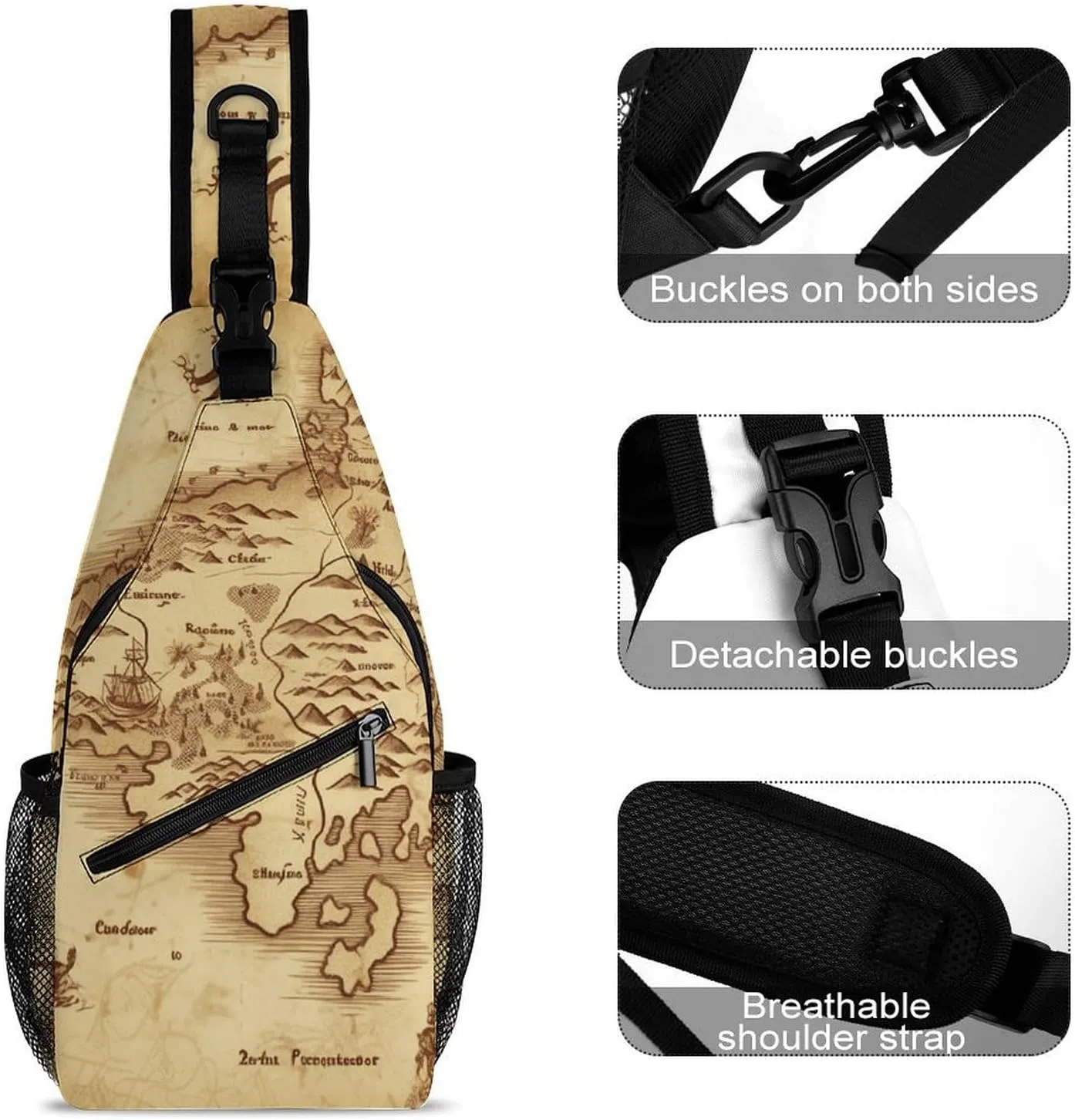 Lightweight Chest Bag Crossbody Bag Treasure Map Vintage Sling Backpack for Women Men Sports Travel