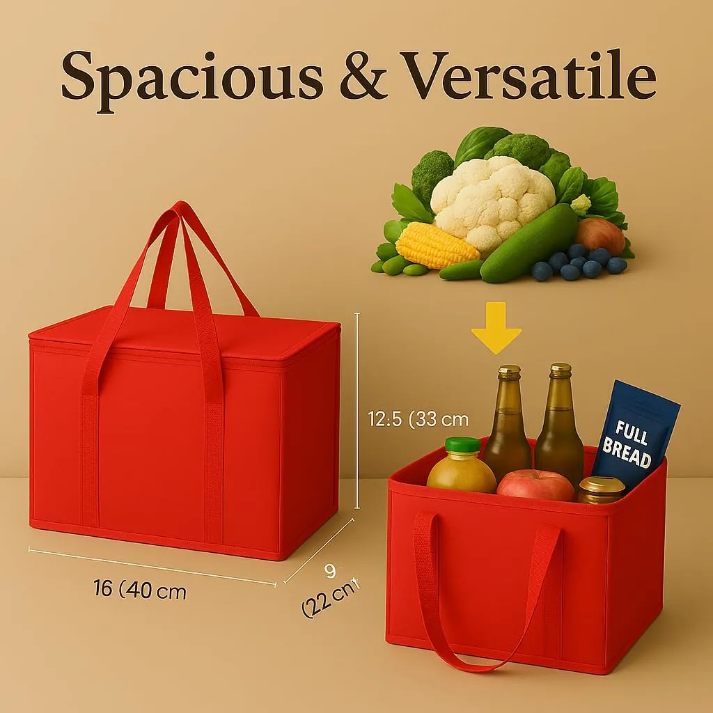 musbus 2-Pack XL-Large Insulated Grocery Shopping Bags, Red, Reusable, Heavy Duty, Zipped Zipper,Collapsible,Tote,Cooler,Groceries,for car,Recycled Material Warm Foldable Bag