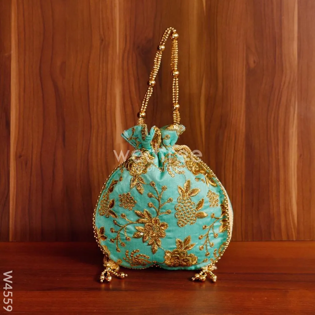 Potli bag raw silk with golden thread embroidery - W4559