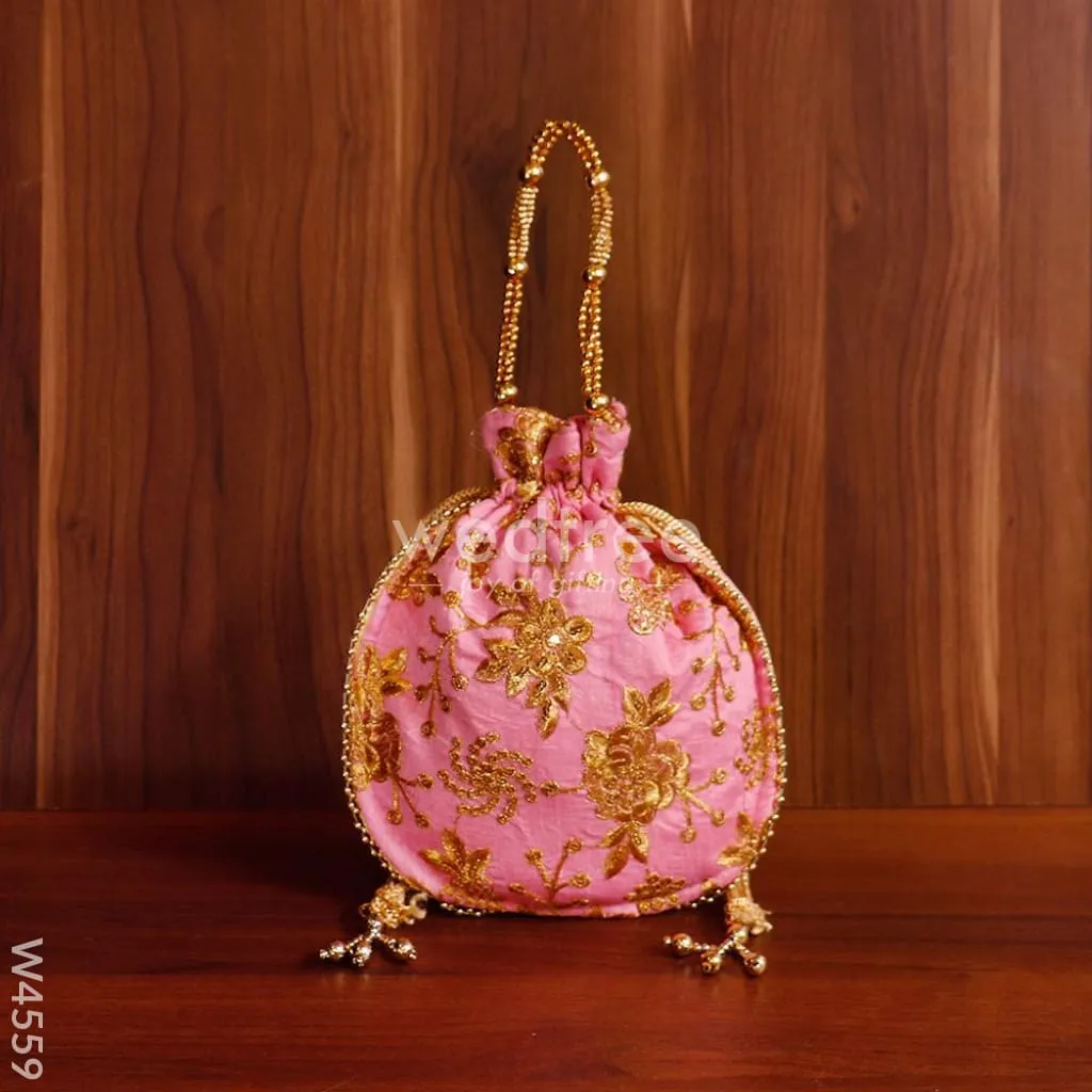 Potli bag raw silk with golden thread embroidery - W4559