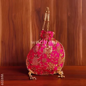Potli bag raw silk with golden thread embroidery - W4559