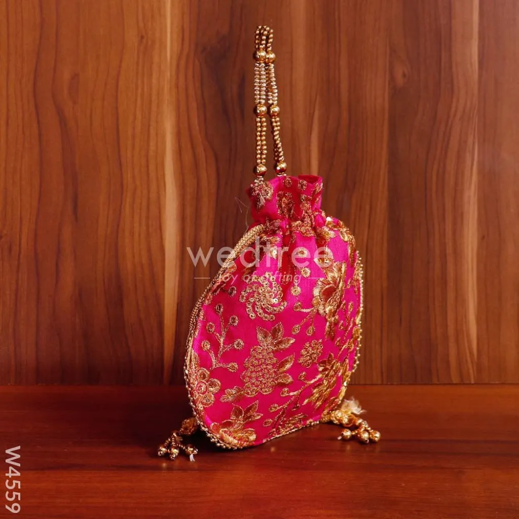 Potli bag raw silk with golden thread embroidery - W4559