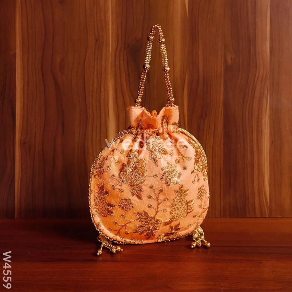 Potli bag raw silk with golden thread embroidery - W4559